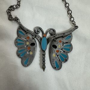 Vtg 1970'S Colorful Enamel BOHO PEWTER CELEBRITY BUTTERFLY STATEMENT NECKLACE